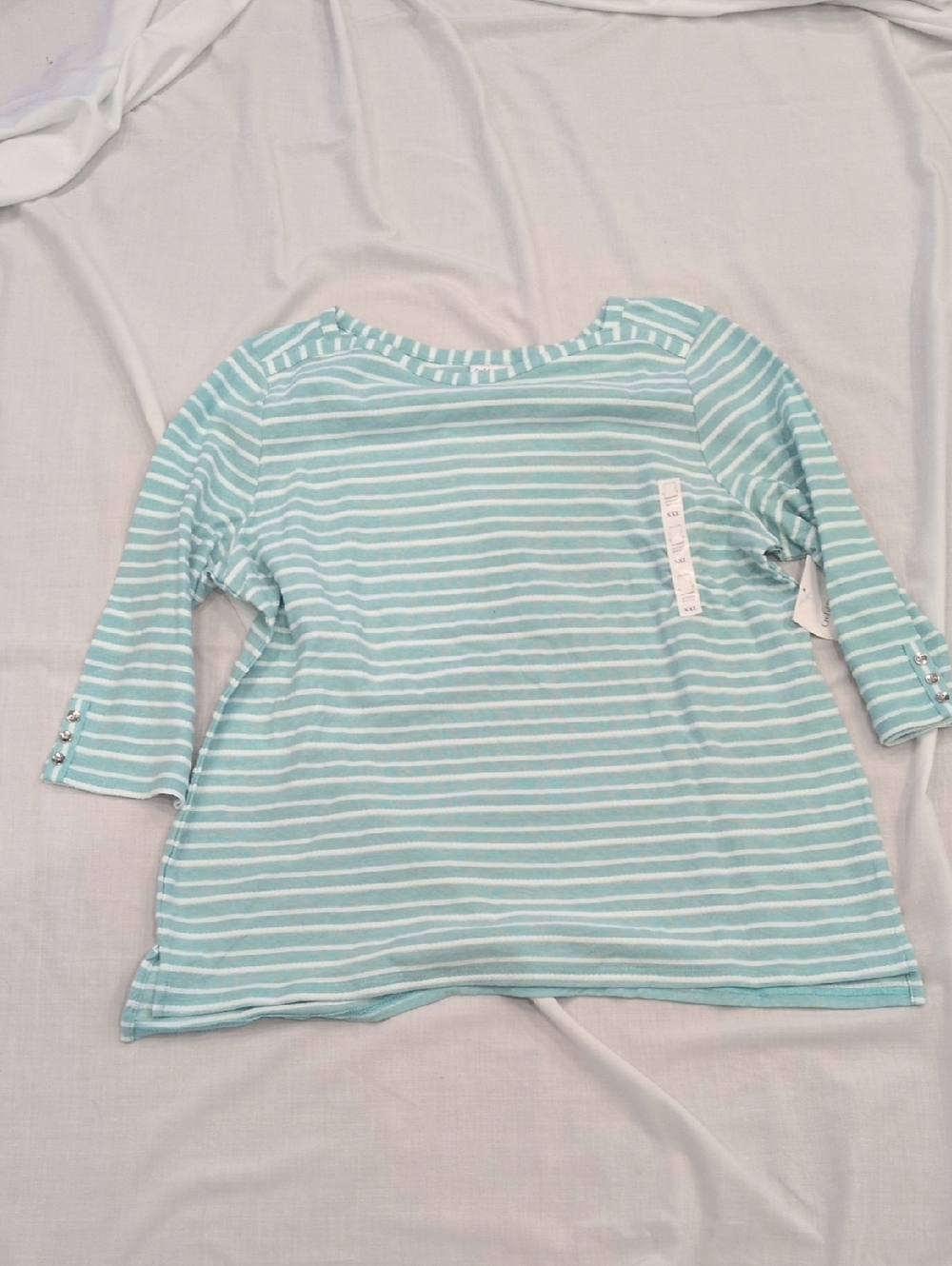 croft & barrow Mint-White Striped 3/4 Sleeve Tee with Button Tabs